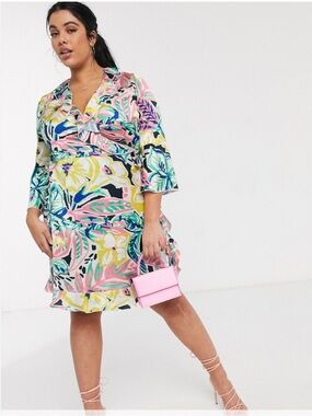 OUTRAGEOUS FORTUNE Satin Wrap Mini Dress Size 20 Bold Floral Bright Event